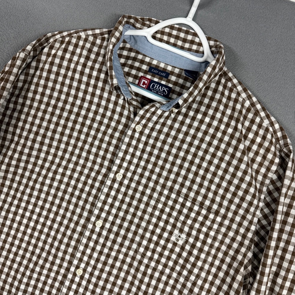 Chaps Shirt Mens XXL 2XL Brown Gingham Easy Care Long Sleeve Pocket Button Down